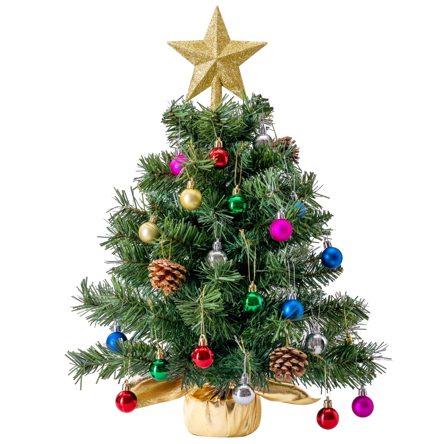 Joiedomi 24"/2FT Tabletop Mini Christmas Tree Pre lit with Warm Lights, Holly Berries, Pine Cones and Ornaments for Indoor Artificial Mini Xmas Tree Holiday Season Decorations (Gold)