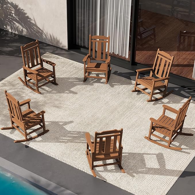 SERWALL Outdoor Rocking Chair Set of 6, Patio Rocking Chair Sets, HDPE Rocking Chair for Adults, Brown