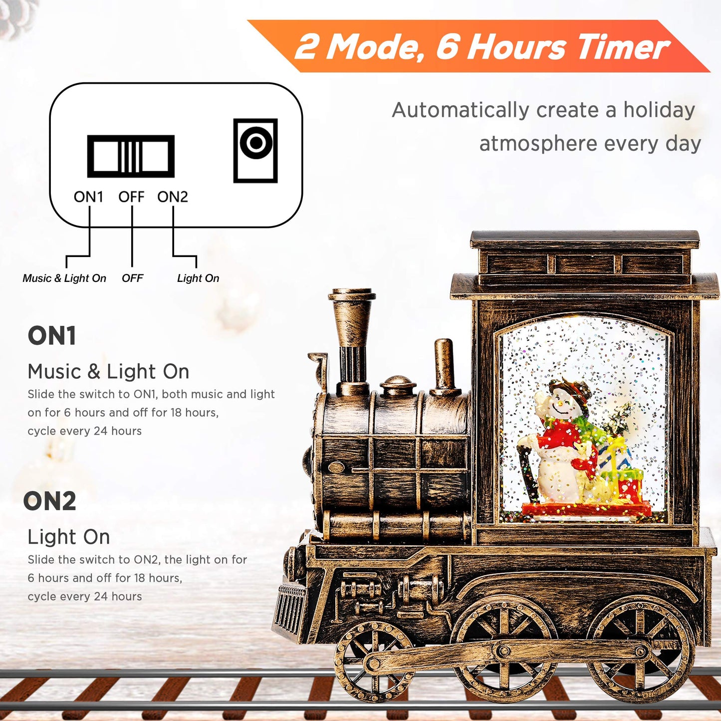 IPOW Christmas Snow Globe Lantern Train with Water Swirling Glitter, Musical and Lighted 6 Hours Timer USB Powered & Battery Operated Music Box for Christmas Home Decoration Gift, Snowman Scene