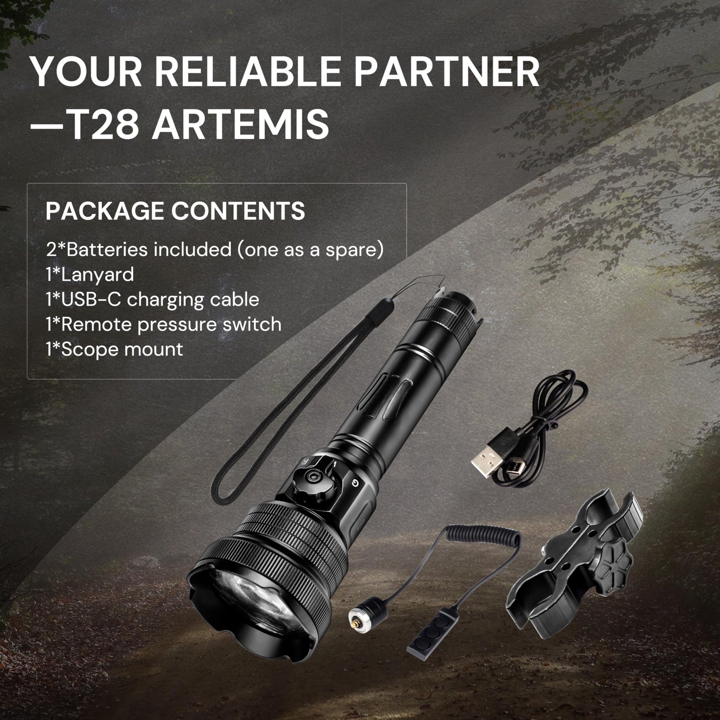 Brinyte T28 LED Zoomable Hunting Light, 3 Color in 1(Red, Green, White) Rechargeable Predator Flashlight with Pressure Switch Mount, IP66 Waterproof Coyote Light for Hogs Coon Varmint Hunting