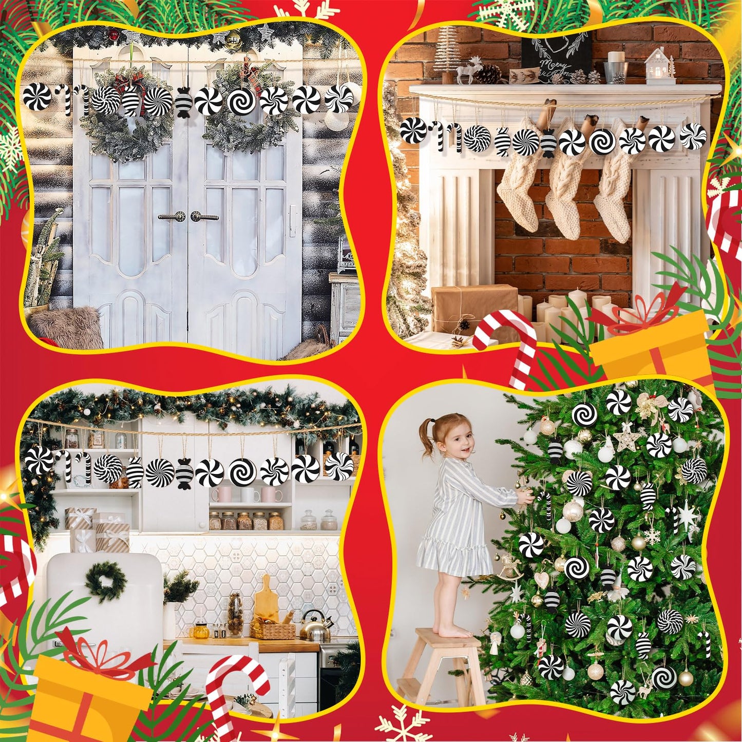 Qunclay 36 Pcs Christmas Candy Hanging Ornaments Wooden Christmas Tree Decorations Black and White Xmas Peppermint Lollipop Ornament Set for Holiday Birthday Party Decoration Supplies Crafts Gifts