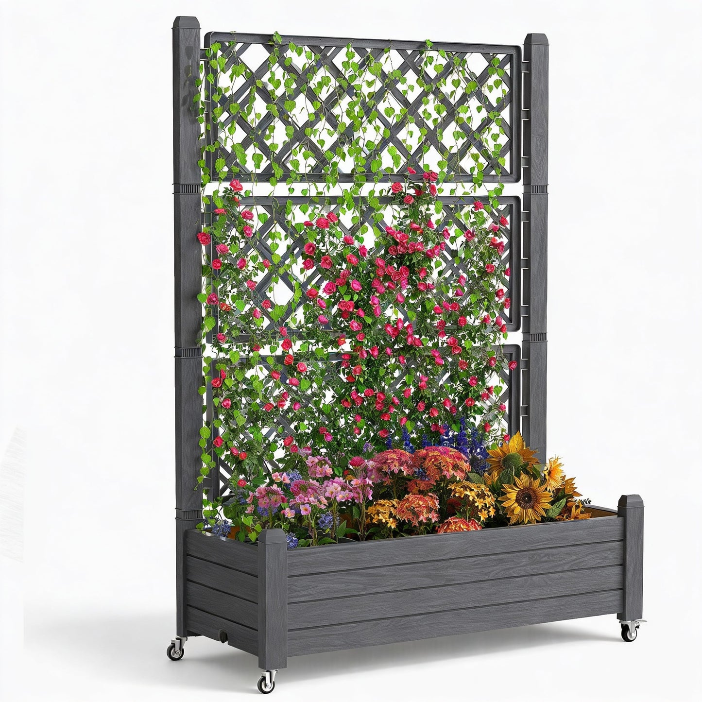 GYMHILL Elevated Raised Garden Bed with Trellis, 21 Gallon Self-Watering Outdoor Resin Planter Box with Lockable Wheels Drain Plug & Water Monitor for Plants Vegetables Flowers Fruits (Black)