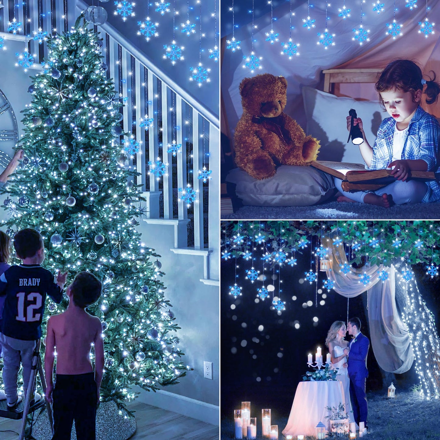 Qunlight Christmas Snowflake Icicle Lights,6.5ft 144LED Curtain Lights with 12 Drops,Timer 8 Modes Connectable,Waterproof Fairy Light for Eaves, Garden, Indoor Outdoor Xmas Decoration (Blue White)