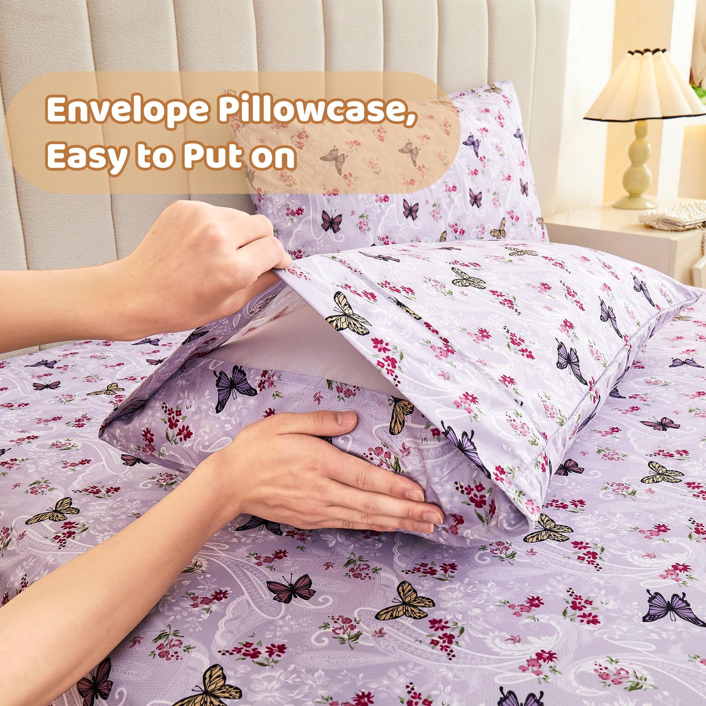 Softan Floral Twin Size Sheet Set, Purple Paisley Flower Printed Sheets for Kids Girls, Brushed Microfiber Fitted Sheet with 15" Deep Pocket & Non-Slip Straps, Butterfly Patterned Sheets