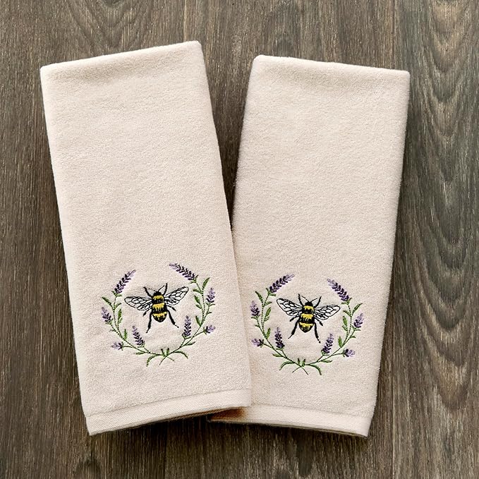 SKL Home Bee Lavender 100% Cotton Embroidered 2pc Hand Towel Set, Decorative