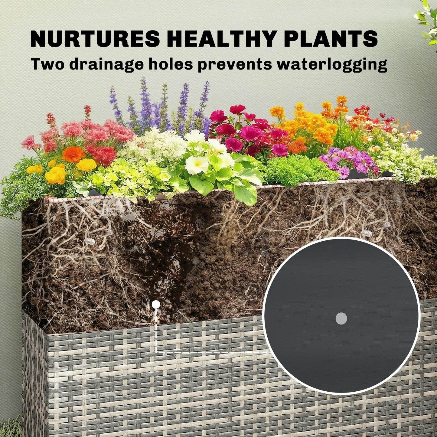 Outsunny Tall Rectangular Planter with Removable Liner, PE Wicker Large Planters for Outdoor Plants, Freestanding Indoor Outdoor Planter Box with Drainage Holes for Flowers, Vegetables, Gray