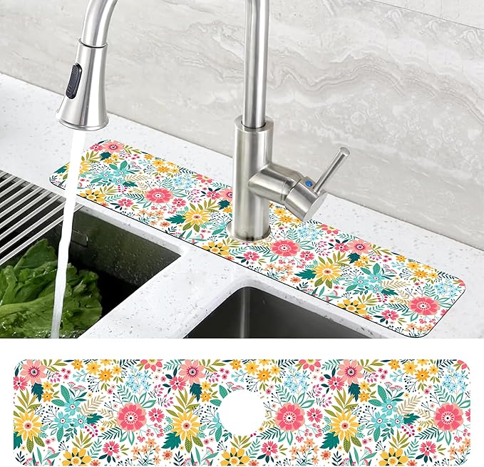 Colorful Floral Leaves Berries Kitchen Sink Splash Guard Mat Absorbent Fast