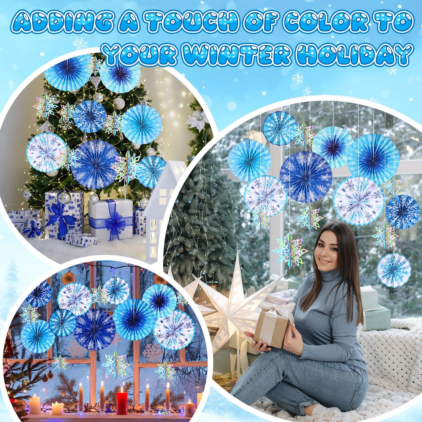 Outus 16 Pcs Snowflake Hanging Decorations Winter Paper Fans Blue Winter Paper Garland 3D Holographic Snowflakes for Xmas Wonderland Birthday Party Ceiling Wall Supplies Decoration