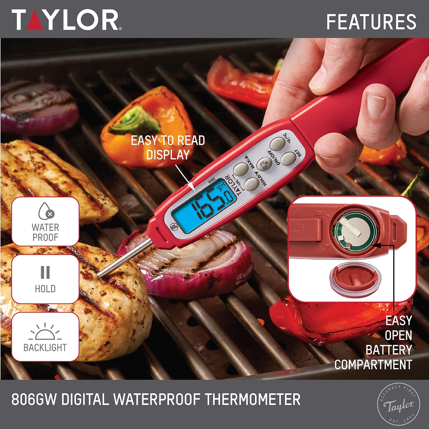 Taylor Digital Waterproof Thermometer with Bright Blue Backlight for Kitchen, Meat, Food, Grill, BBQ Cooking, Red, Standard,(806GW)