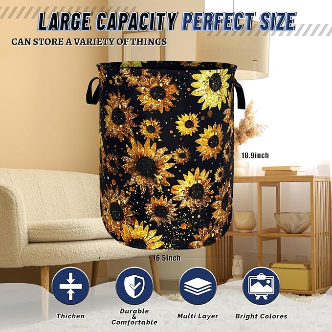 Beautiful Sunflower Laundry Basket Foldable Oxford Cloth Yellow Floral Laundry