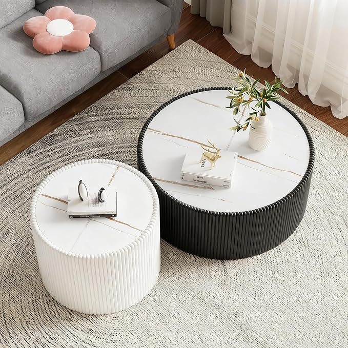 2-Piece Round Nesting Coffee Table Set, 29.52" Marble Coffee Table and End