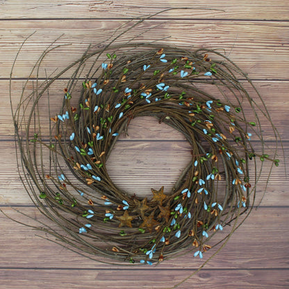 CVHOMEDECO. Primitives Rustic Pip Berries and Twig with Rusty Barn Stars Wreath, 12-Inch, Country Mix
