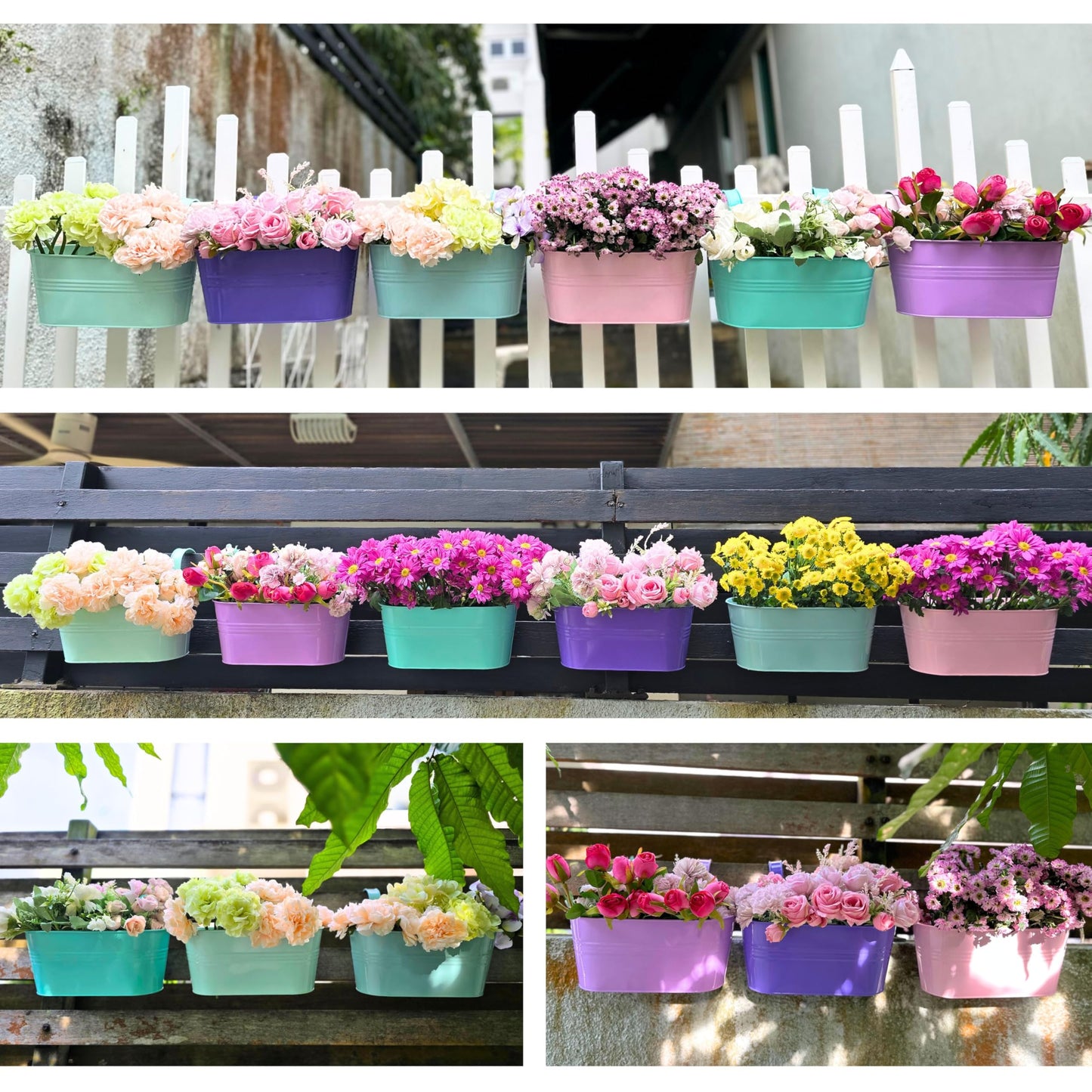LaLaGreen Outdoor Hanging Planter (11.2 Inch, 6 Pack) Light Pink, Light Purple, Turquoise, Light Blue, Dark Purple, Cadet Blue Metal Iron Window Box Flower Pot Deck Railings Fence Porch Garden Decor