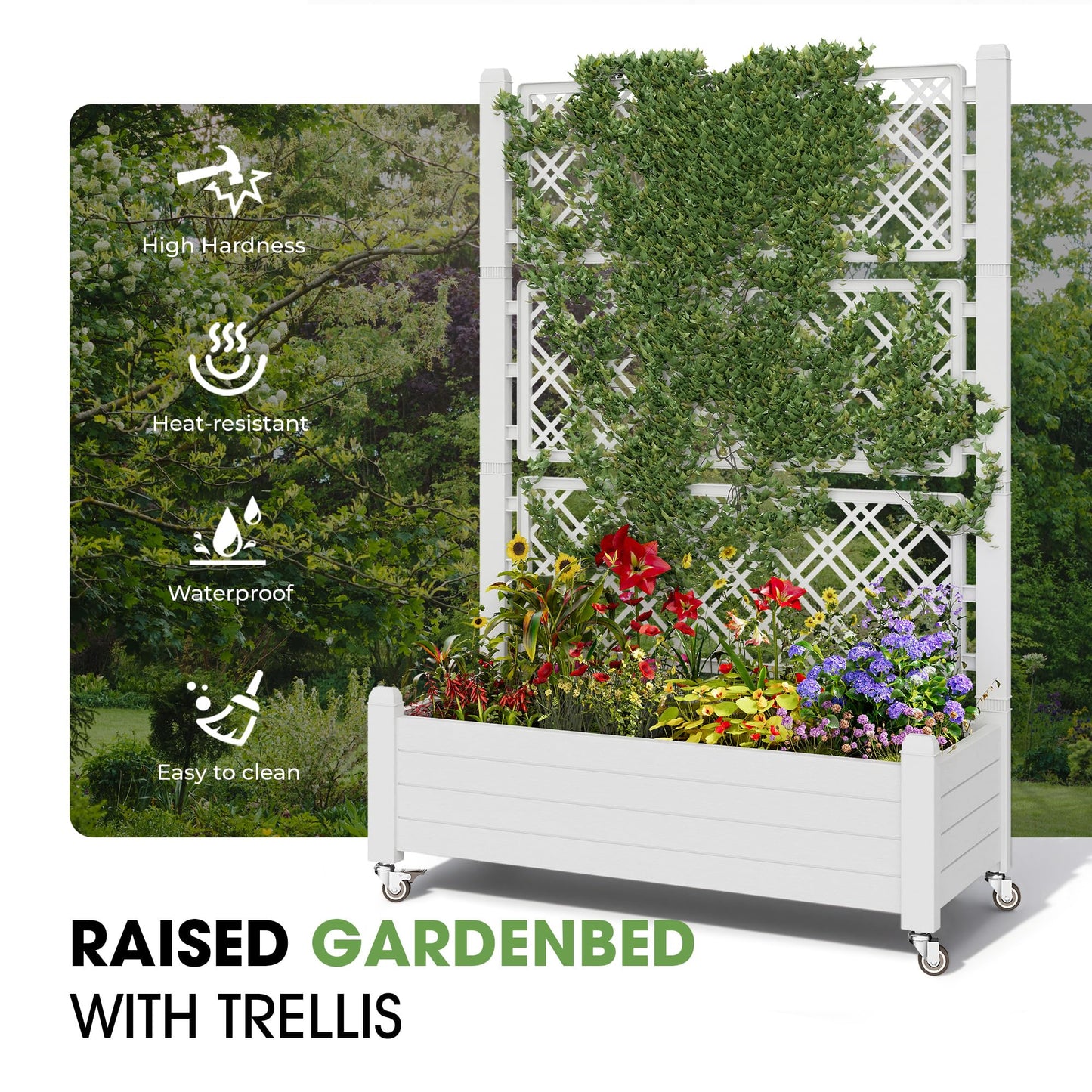 Fancyango Raised Garden Bed with Trellis and Wheels, Resin Planter Box with Trellis with Drainage Holes & Water Monitor, Privacy Planters for Patio for Climbing Plants, Ashen(2 Pack)