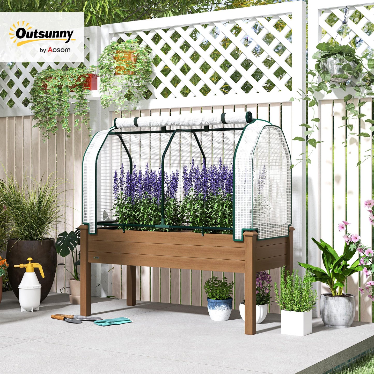 Outsunny Raised Garden Bed with PE Greenhouse Cover Outdoor Elevated Wood Planter Box for Herbs and Vegetables, Use for Patio, Backyard, Balcony, 48 x 22 x 46 inch, Brown