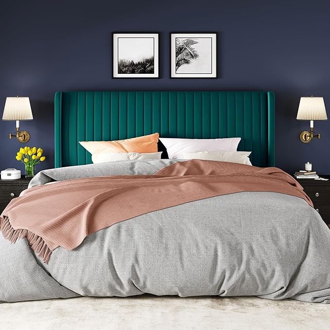 Allewie King Size Bed Frame/Velvet Upholstered Platform Bed/Vertical Channel