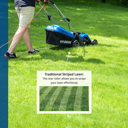 Hyundai 15'' / 38cm 1600w Electric Lawnmower with Rear Roller with Mulching Feature 40 Litre Collection Bag and 5 Cutting Heights with 10m Power Cable