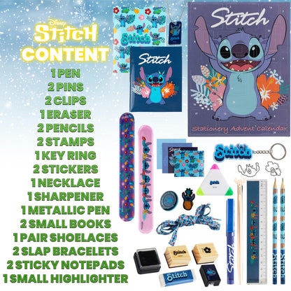 Disney Stitch Advent Calendar 2025 Stationery and Accessories Christmas Countdown Calendar with Necklace Keyring Pen Snap Bracelets Stamps (Blue Stitch Stationery)
