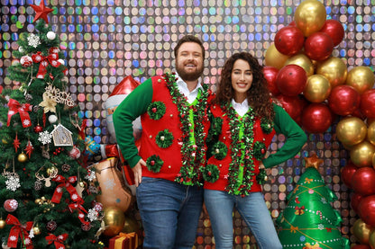 Ugly Christmas Sweater Unisex Funny Novelty Knit Pullover Men with Santa Reindder for Xmas PartyLargeTinsel Trim Colour Fest