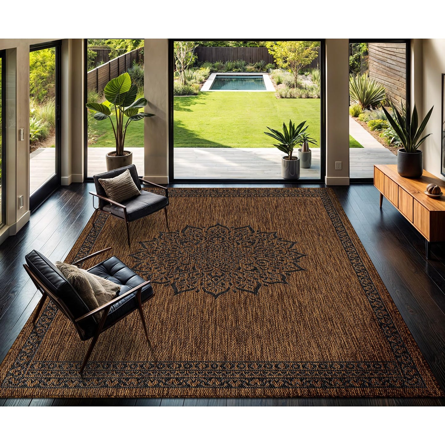 CAMILSON Outdoor Rug 9x12 Medallion Gold Modern Large Area Rugs for Indoor and Outdoor Patios Kitchen and Hallway Mats Washable Porch Deck Outside Carpet (Medallion Gold 9 x 12)