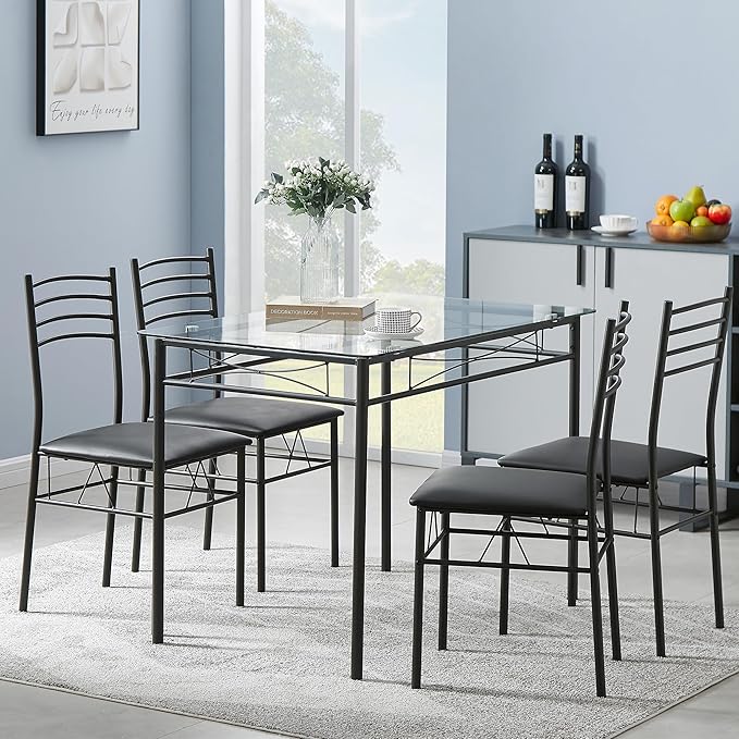 VECELO Dining Table Set for 4, 5-Piece Glass Kitchen Table