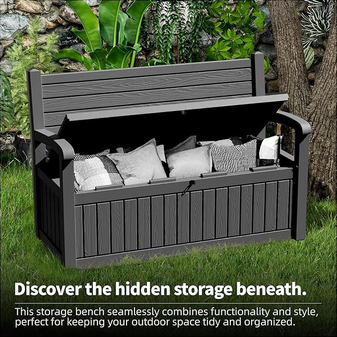 80 Gallon Outdoor Storage Bench Deck Box Waterproof Lockable,Outdoor Storage Furniture for Patio,Garden and Porch,Tools and Cushions（ Black Stripe）