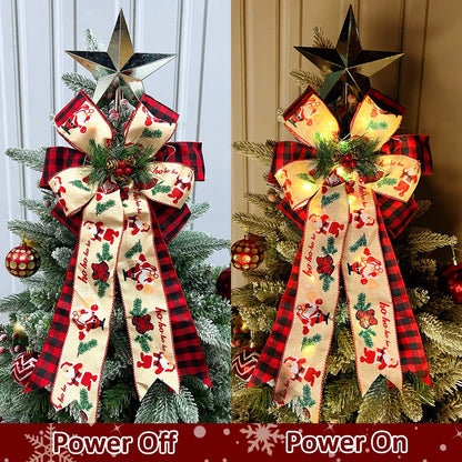 2 Pcs Prelit Christmas Bows Decor with 20 Lights, Santa Bells Black Red Buffalo Plaid Xmas Bows 20" by 11" Christmas Tree Wreaths Garland Bow Battery Powered Christmas Decorations Home Indoor Outdoor