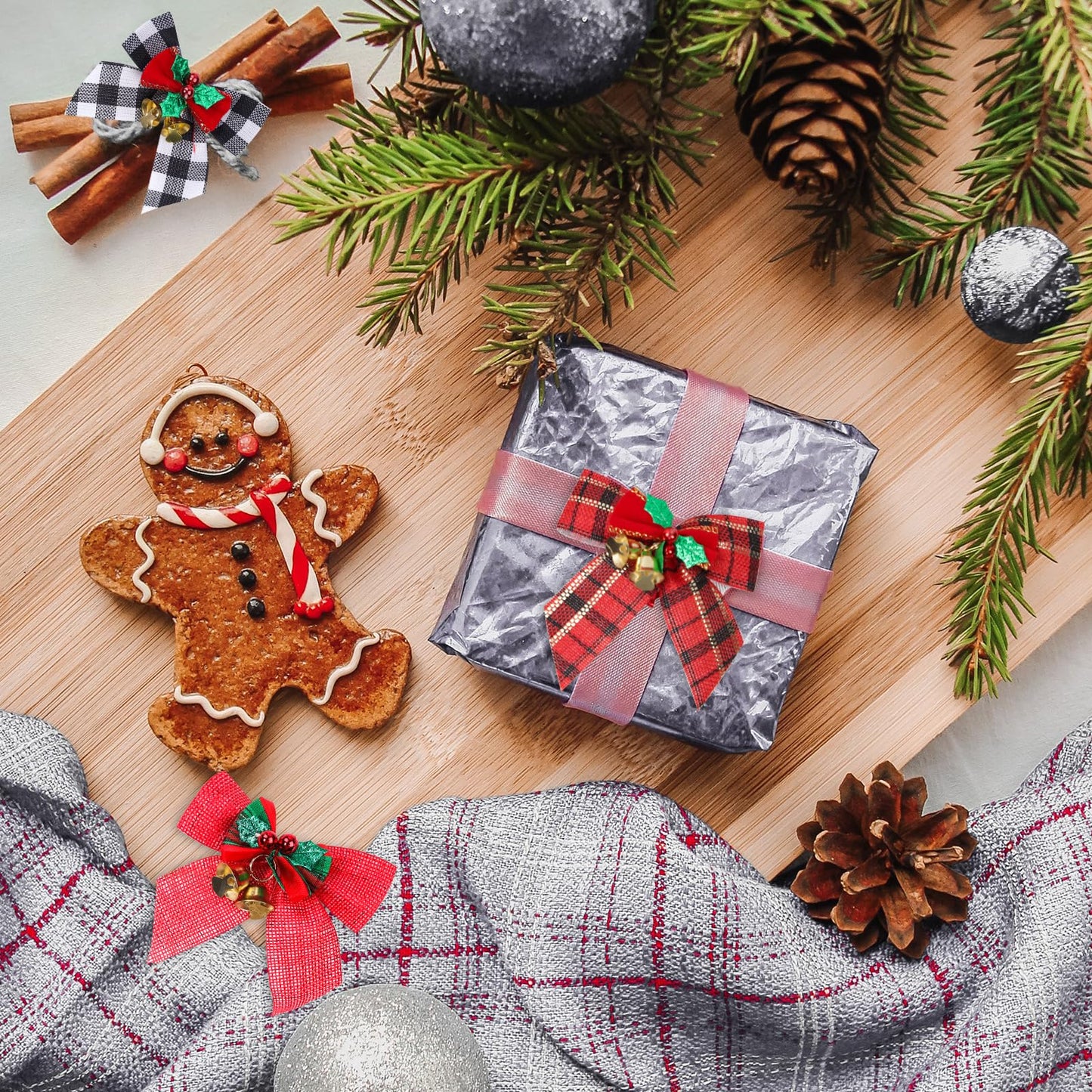 YBB 24 Pack Christmas Tree Bows, Buffalo Plaid Linen Bowknot Red Wreath Bow with Jingle Bells for Christmas Garland Tree, Crafts, Wrapping, Wreath Xmas Hanging Ornaments Decor