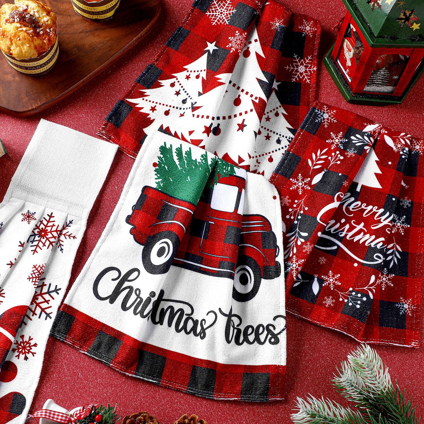 Jingmore 6 Pcs Christmas Hanging Kitchen Towels with Loop Buffalo Plaid Red and Black Hand Tie Towels Microfiber Drying Baking Cooking Cloth