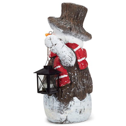 Mark Feldstein & Associates Woodsy Snowman with Lantern LED Light Up 17 Inch Resin Stone Door Greeter Figurine