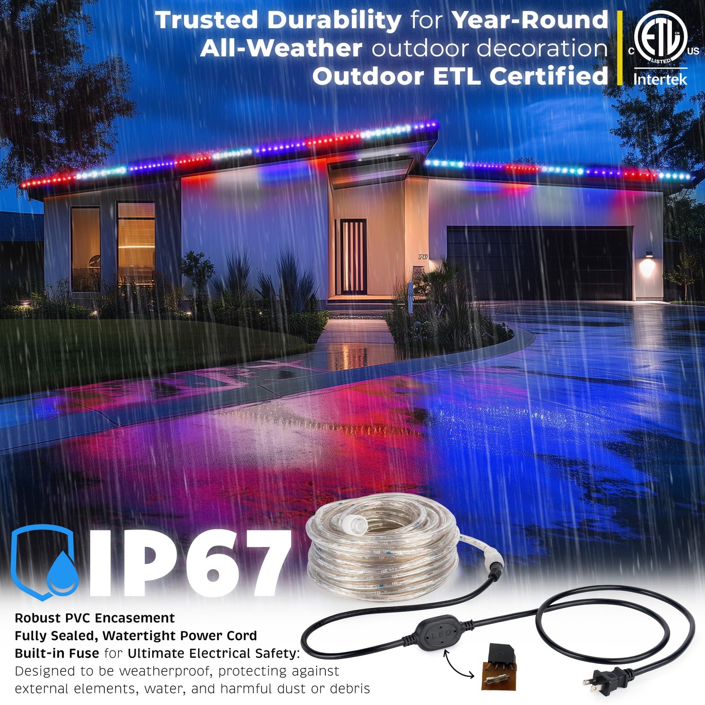 WYZworks 576LEDs, 50ft LED American Flag Red White Blue Outside Rope Lights, Waterproof Permanent Outdoor ETL Certified, Connectable, Palm Tree Decorative Landscape Patio Accent Lighting - USA