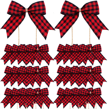 WILLBOND 36 Pieces Christmas Buffalo Plaid Bows Small Bows Christmas Tree Ornaments Checkered for Wreaths Decoration(Red and Black)