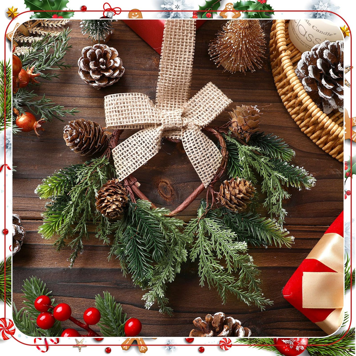 Dingion 6 Pcs 6" Christmas Mini Cabinet Cedar Wreaths for Kitchen with Ribbon Bows Artificial Cedar and Pine Cone Small Window Wreath for Window Door Farmhouse Christmas Party Decorations