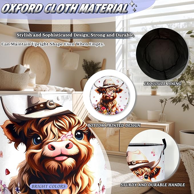 Cute Highland Cow Laundry Basket Foldable Oxford Cloth Cows Animal Laundry