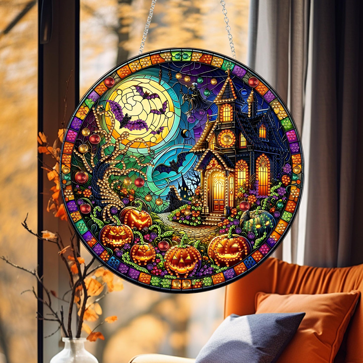 DIY Diamond Art Painting Wreath Kits，Special Shaped Rhinestone Hanging Ornament Diamond Art Window Pendants for Gift Home Garden Wall Hanging Kits,Double Sided (Haunted House)