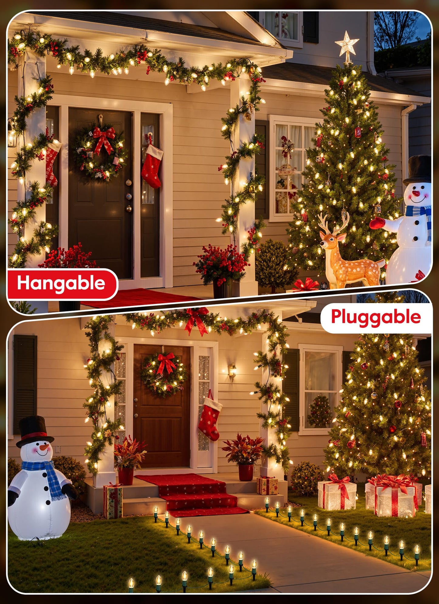 Brightown C9 Christmas Lights Outdoor, 4 Packs Total 103 Ft Christmas Pathway Lights with 80 LED Bulbs and Stakes, Connectable Outdoor Christmas Decorations Yard Walkway Sidewalk Holiday, Warm White