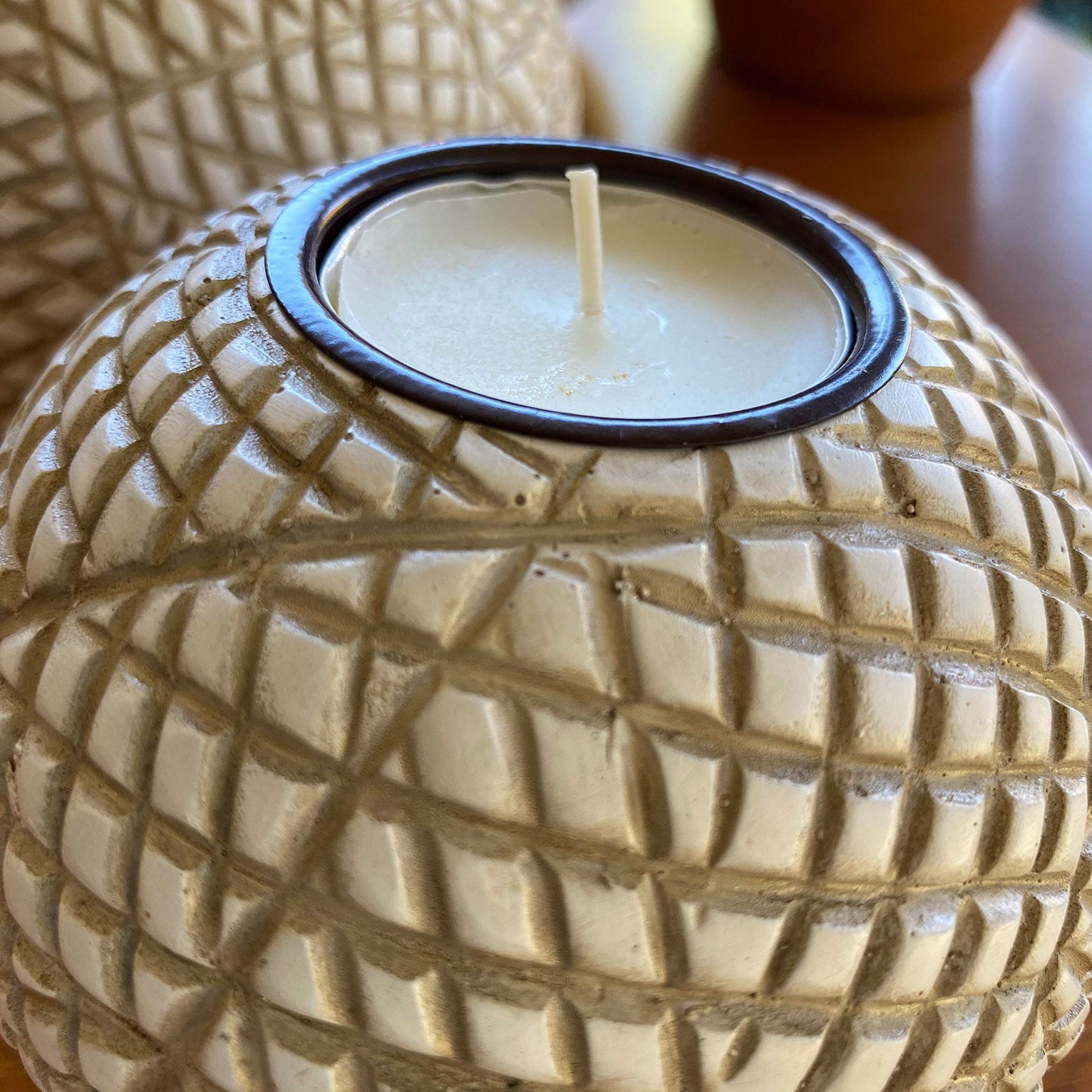 Luca Orb Tea Light Candle Holders (Gift Boxed Set of 2), Coffee Table, Console, Entryway or Fireplace Mantel Decor, Centerpiece for Dining or Living Room (Grid Pattern, Beige and White)