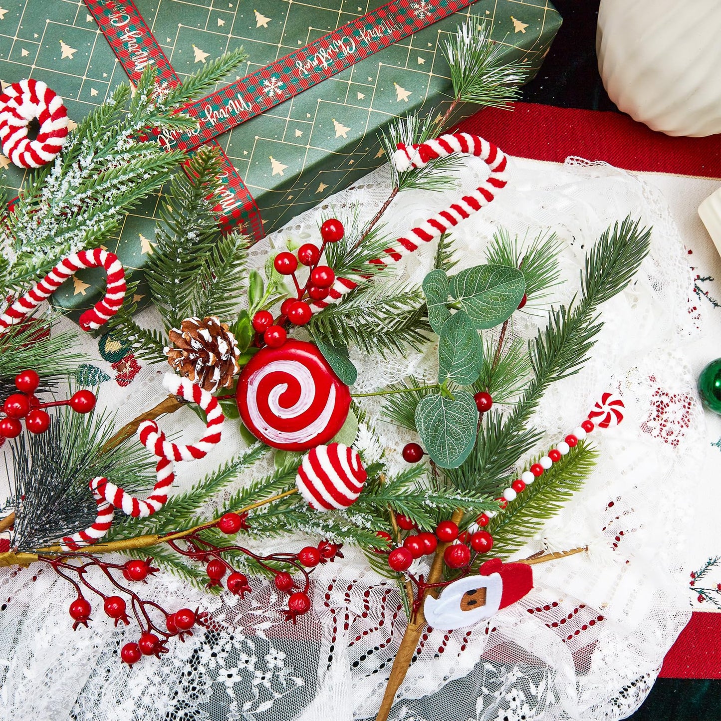 Egolot 8 PCS 17 Inch Christmas Candy Cane Picks for Christmas Tree Wreath DIY, Xmas Green Pine Picks with Red Berries Balls and Candy for Indoor Outdoor, Xmas Picks Bundle for Centerpieces