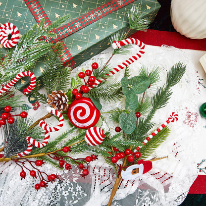 Egolot 8 PCS 17 Inch Christmas Candy Cane Picks for Christmas Tree Wreath DIY, Xmas Green Pine Picks with Red Berries Balls and Candy for Indoor Outdoor, Xmas Picks Bundle for Centerpieces