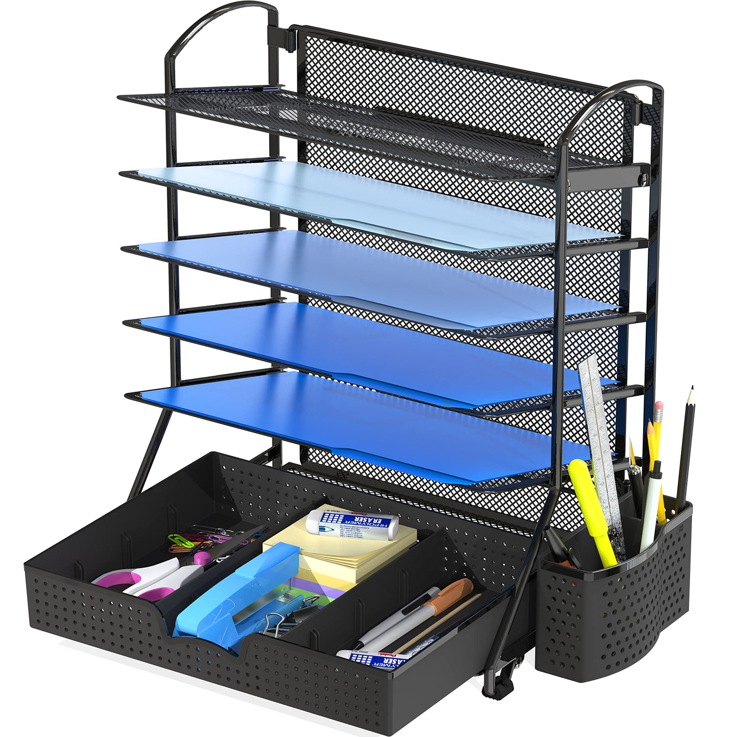 Simple Houseware 6-Tier Desk Document File Tray Organizer with Supplies Sliding Drawer, Black