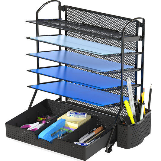 Simple Houseware 6-Tier Desk Document File Tray Organizer with Supplies Sliding Drawer, Black
