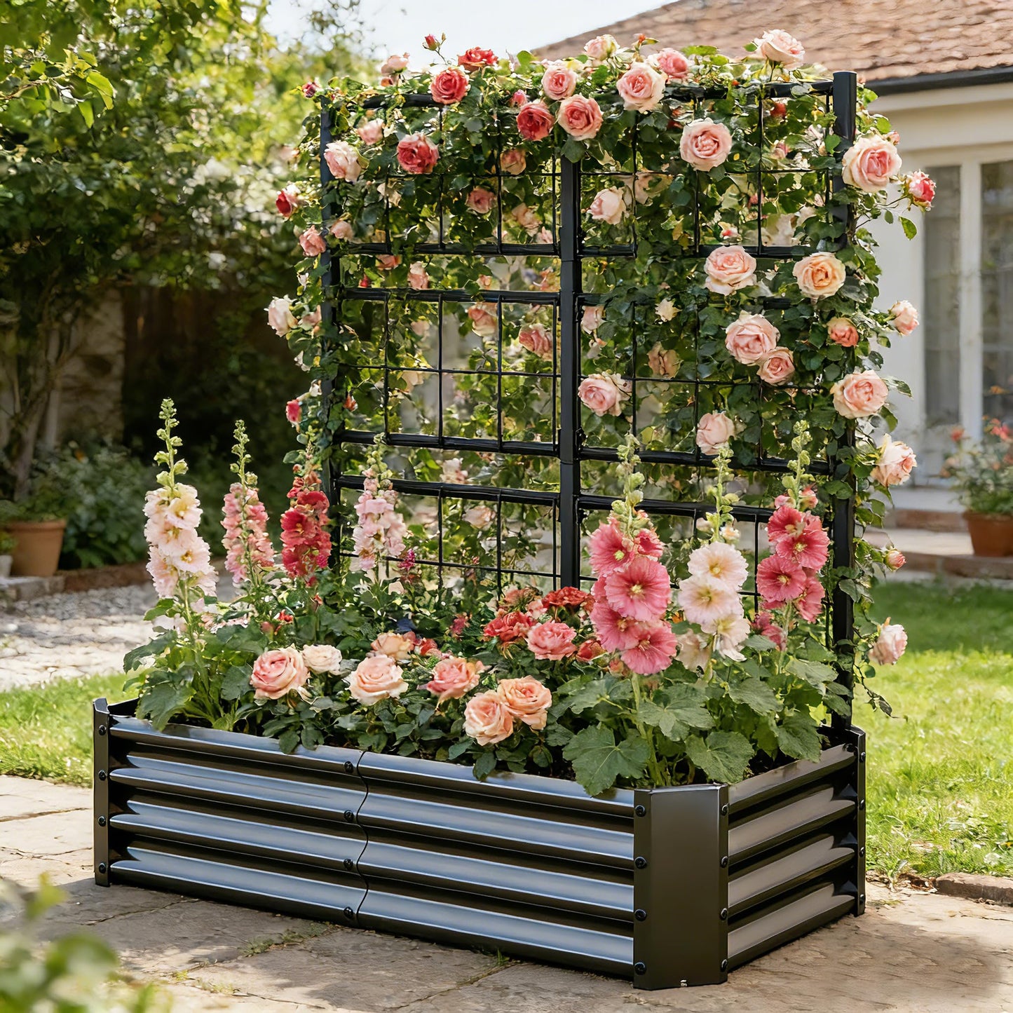 Galvanized Raised Garden Bed with Trellis for Climbing Plants Outdoor,Metal Vertical Garden Planter Box for Patio,Heavy Duty Elevated Garden Bed for Vegetables Tomatoes Cucumbers Flowers Herbs,Black