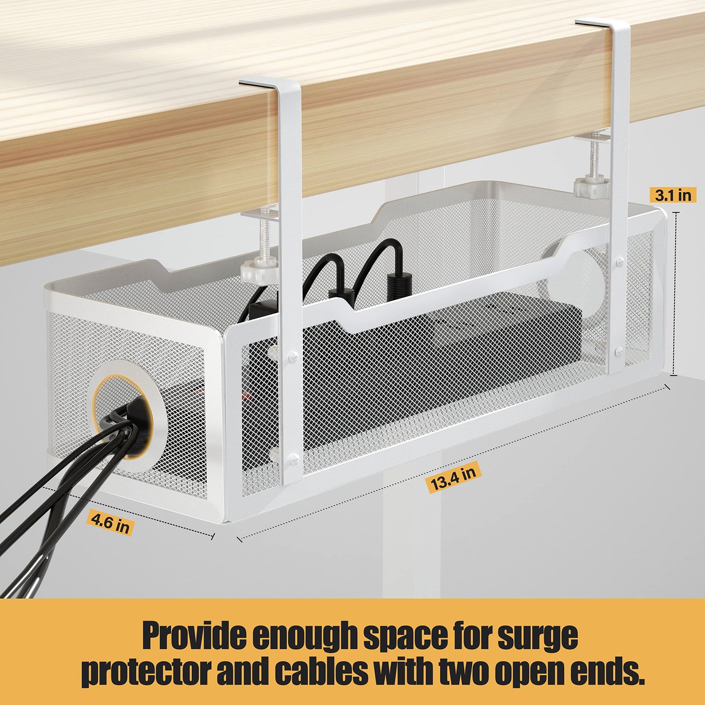 Under Desk Cable Management Tray White, Cinati Wire Organizers No Drill, Cable Tray with Clamp for Wire Management, Cord Organization Box for Office, Home - No Damage to Desk