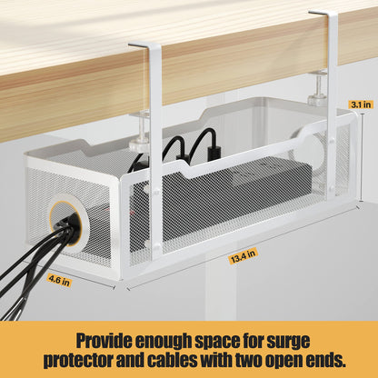 Under Desk Cable Management Tray White, Cinati Wire Organizers No Drill, Cable Tray with Clamp for Wire Management, Cord Organization Box for Office, Home - No Damage to Desk
