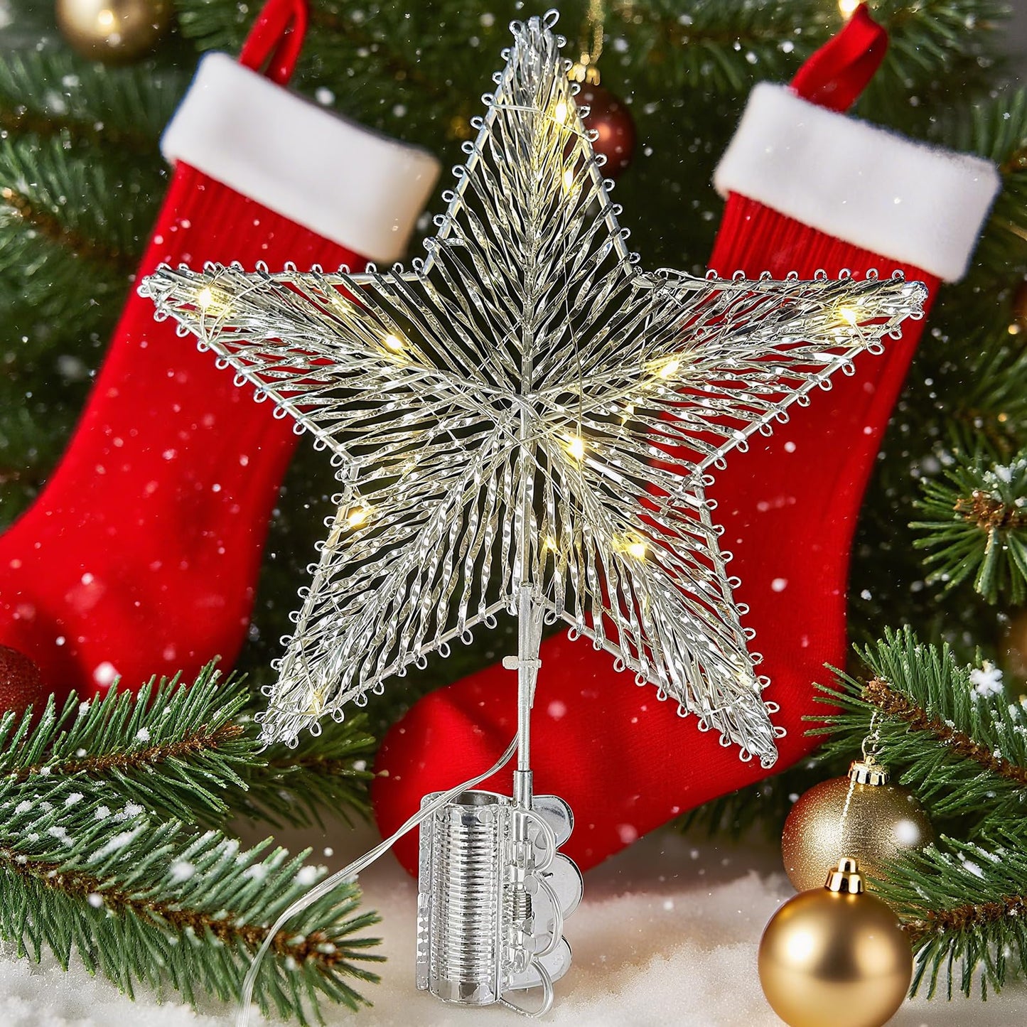 ZZZ TYLOO 11 Inch Silver Star Christmas Tree Topper, 15 LED Lighted, Metal Frame with Hand-Woven Shiny Silver PVC, Clip-On Base, Xmas Star Tree Decoration for Home