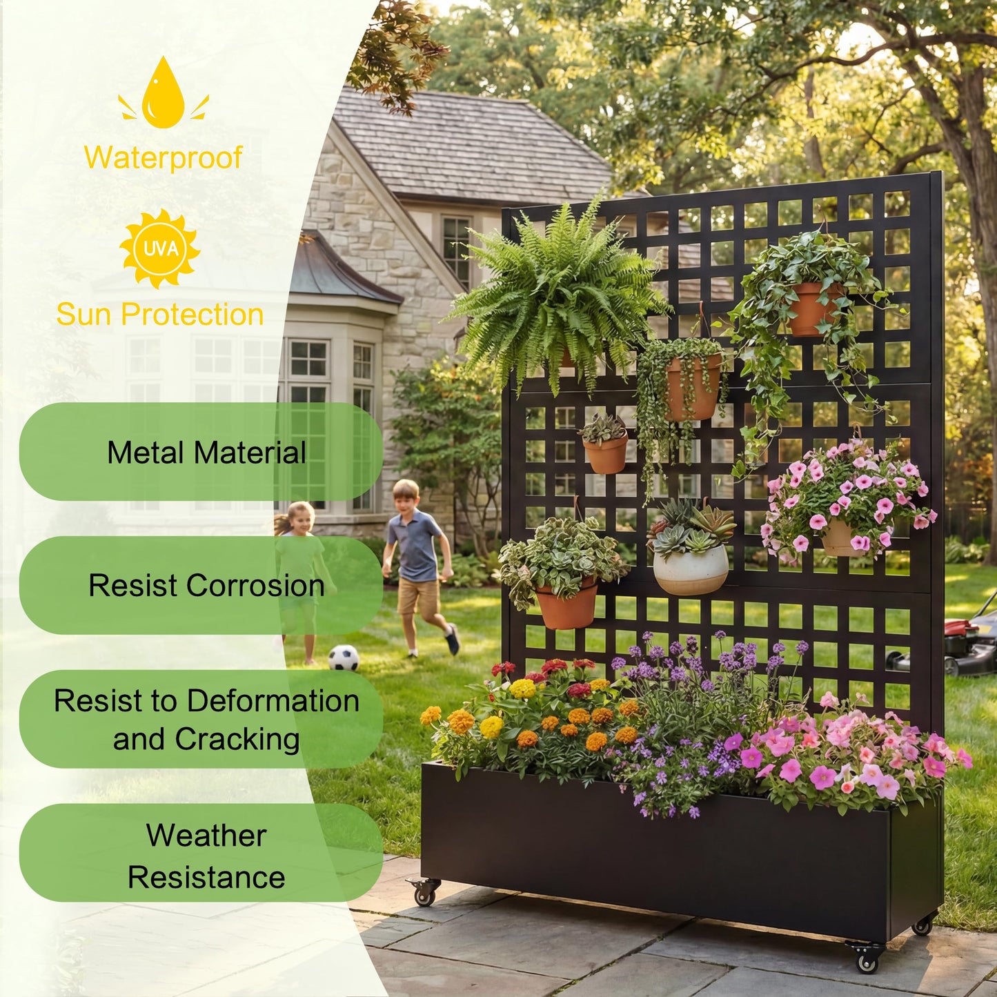 KEIKI 73"x47"x16" Planter Trellis Box with Wheels, Metal Outdoor Resin Raised Garden Bed for Climbing Plants, Large Weather-Resistant Design, Black