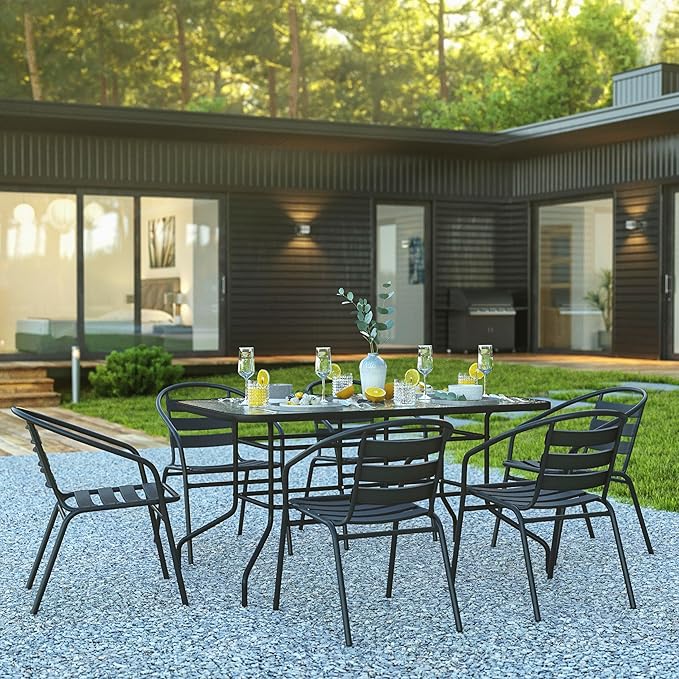 Flash Furniture Lila 7-Piece Glass Patio Table and Chairs Set, Outdoor Patio