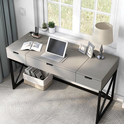 24/7 Shop at Home Ashiya Transitional 2 Drawers Metal Hidden Storage Desk with Lift-Top, USB Port, Power Outlet for Workstation, Home Office, Study Room, Antique Gray
