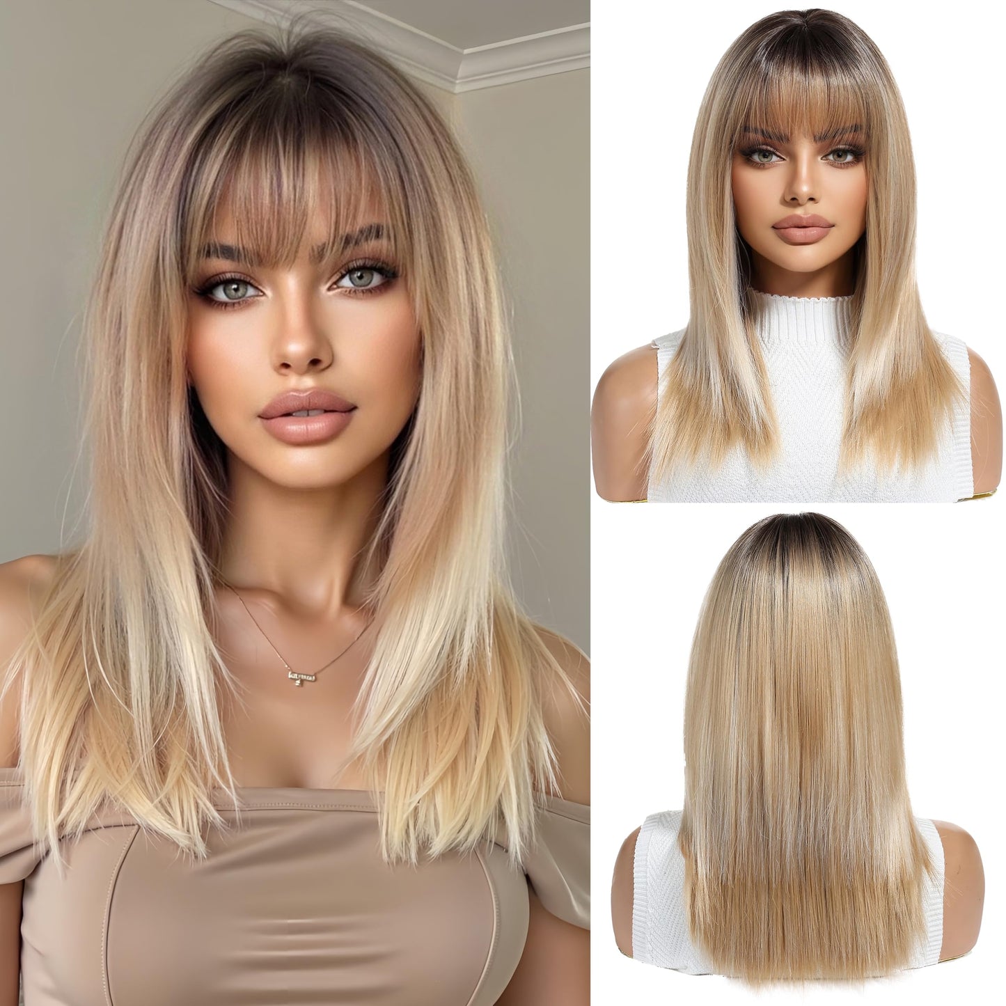 OUFEI Ombre Blonde Wigs for Women Medium Length Long Straight Wig with Bangs Synthetic Hair Heat Resistant Wigs for Everyday Party Cosplay Wear