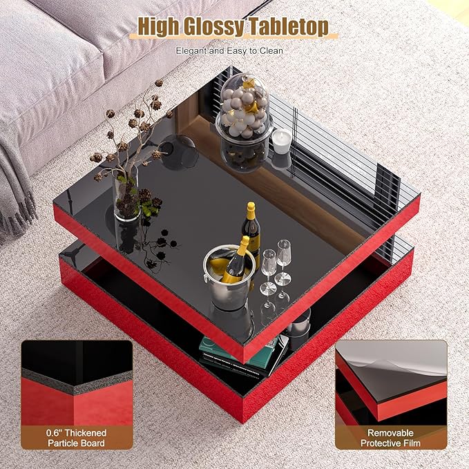 HedoAjim Red LED Coffee Table for Living Room, Living Room Table 2-Tier Square